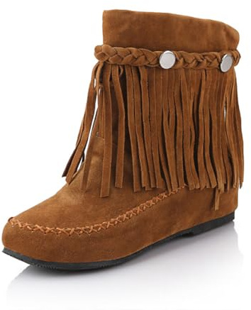 Stivali da cowboy con frange da donna Stivali con zeppa nascosta con zeppa alla caviglia Stivali con nappe con strass Tessuto lucido in pelle nabuk Copertura comoda per la festa di nozze di strada