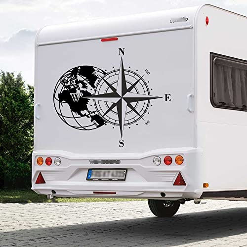 Rakelfix 1 autocollant boussole globe terrestre taille et couleur personnalisables pour camping-car, caravane, voiture, caravane, carte du monde, rose des vents