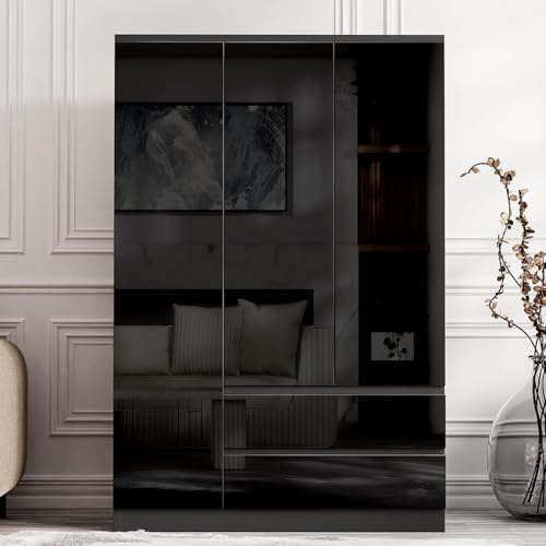Blisswood High Gloss 3 Door Wardrobe Black With Shelf & 2 Drawer Storage and Hanging Rail, MDF Wooden Double Wardrobe Large Cupboard Bedroom Storage Furniture For Bedroom