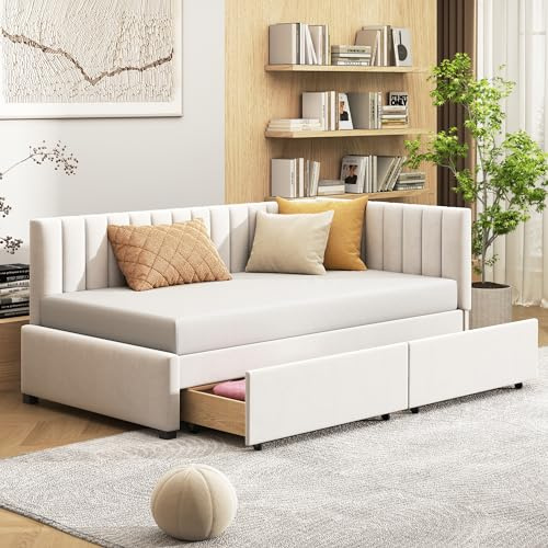 KUAKE Lettino per bambini 90 x 200 cm, letto per gli ospiti con 2 cassetti, letto singolo con rete a doghe in legno, velluto (beige)
