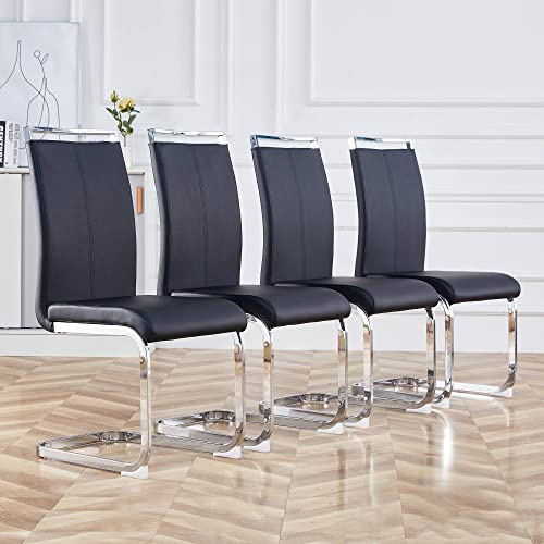 ModernLuxe Dining Chairs Set of 4, Cantilever Chair with Stable Chrome-plated Metal Frame and High Seat Back, Softly Padded Seat and Backrest with Imitation Leather Cover, Ergonomic Design, Black