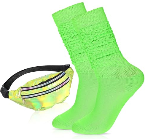 Telooco Bauchtasche Neon Slouch Socken Set, 80er 90er Jahre Gürteltasche Damen Grün Thermosocken 80er Jahre Party Karneval Neon Outfit Damen Bauchtasche Lässige Socken Retro Punk Streetwear