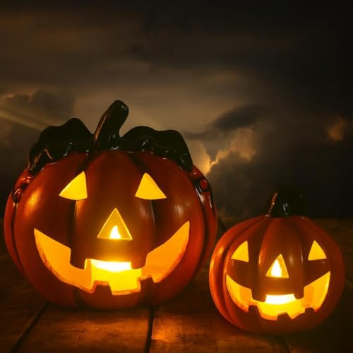 Halloween-Deko Kürbis-Laterne mit LED Windlicht 18 & 10 cm - Gruseliger Jack-O-Lantern Teelichthalter für Herbstdeko drinnen und draußen im Garten - Kürbis-Deko als Tischdeko für Teelichter