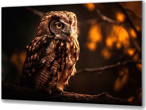 UVTECHPRINT Glasbild Wandbild Heimdekoration Eule auf einem Ast Vogel Tiere Wald 90x60 cm Wohnzimmer Kunstdruck Bilder auf Glas