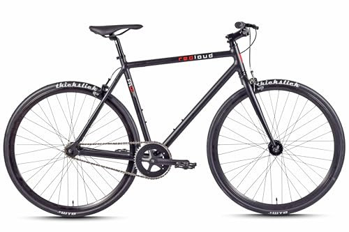 REDLOUD Singlespeed Fixie Fitnessbikes FA.01 Flip-Flop-Nabe Aluminium Fahrrad 28 Zoll 10 kg Leichtes Urban Bike Stadtbike Fahrradrahmen H: 54 cm 1 Gang-Schaltung Damen Herren Single Speed-01 Schwarz
