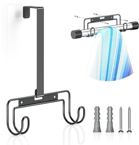 XILIMEN Over Door/Wall Mount Ironing Board Hanger, Iron Board Holder Storage Wall Mount with Removable Hooks for Laundry, Hotel Rooms (Black)