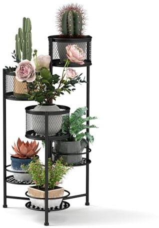 RELAX4LIFE Pflanzenständer Metall, Blumentopfhalter 6 Stufen, Blumenständer mit Drehbarem Design, Blumentreppe für Terrasse Garten Balkon Wohnzimmer, Pflanzenregal Schwarz