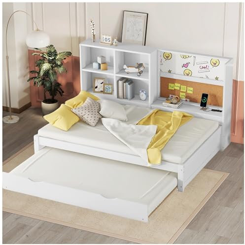 Wyibwy Einzelbett, 90 x 200 cm, mit Ausziehbett, USB-Ladeanschluss, Zeichentisch und mehreren Aufbewahrungsfächern, Schlafsofa, Bett mit Holzrahmen (ohne Matratze) (weiß)