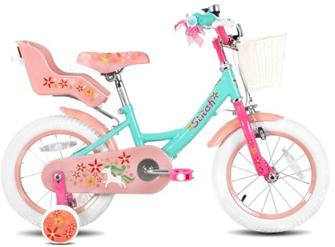 STITCH Einhorn 18 Zoll Kinderfahrrad für 5-8 jährige Mädchen, 18 Zoll Kinderfahrrad mit Stabilisatoren & Kickstand & Korb,Grün