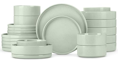 Herogo 24 Piece Plates and Bowls Set, Kitchen Dinnerware Sets with Pasta Bowls, Dinner Ware Dishes Service for 6, Chip & Scratch Resistant Porcelain Kitchen Dishware, Speckled Light Green
