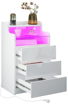 Komtopod LED Bedside Cabinet with Charging Station, Side End Table with 3 Drawers, 2 AC Outlets, 2 USB Ports, High Gloss Drawer Fronts, for Living Room, Bedroom, Study, Modern, White