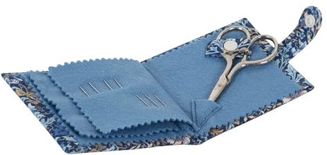 Hobby Gift Needle Case – Cotton Fabric with Woodblock Floral Print, Popper Fastening, Felt Pages, Includes Needles, Pins & Scissors Compact Sewing Kit for Craft and Sewing 9.5x9cm