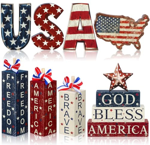 FoldTier 11 Pcs 4th of July Decoration Memorial Day Table Sign Patriotic Tiered Tray Decorations Wooden Faux Book Stack Firework Sign Independence Day Tabletop Centerpieces for Home Tables