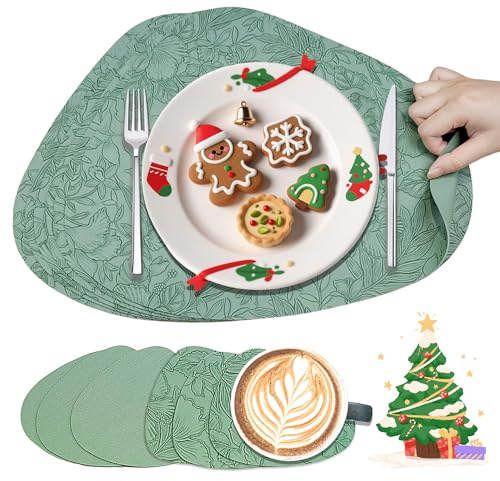 NORDICANA Tischsets Leder und Untersetzer 6er Set, Platzsets abwaschbar und wasserdicht, Doppelseitigen rutschfest Platzdeckchen, Gravur-Muster, für Hause Küche Restaurant und Hotel (Grün)