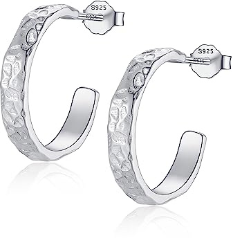 Boho Gehämmerte Sterling Silber Creolen Große in C Form Minimalistische Schmuck Nickelfrei Hypoallergen mit Charms Anhänger inkl. Eleganter Geschenkverpackung