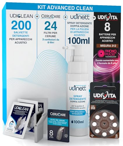 8 Pilas para Audífonos Tamaño 312 PR41 Marrón + 200 Toallitas Limpiadoras Udiclean + Spray Limpiador para Audífonos Cepillo Integrado Udinett 100ml + 24 Filtros de Cera CeruCare - Kit Advanced Clean