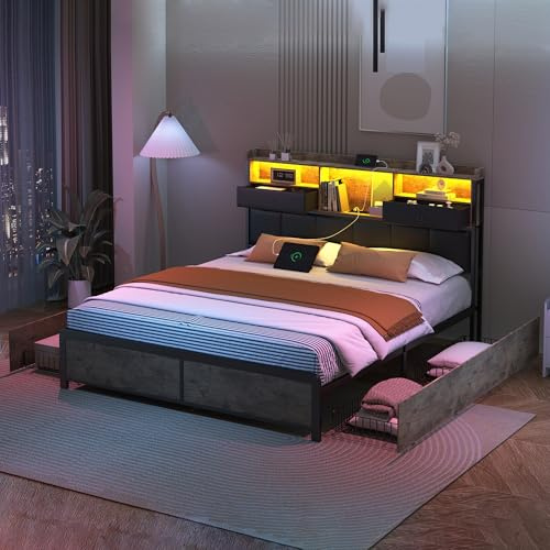 Bettrahmen 160 x 220 cm mit LED,Doppelbett mit 4 Schubladen und Lattenrost,Polsterbett mit Lattenrost und Metallbettgestell,Bettrahmen Stauraum unter Bett,für Erwachsene und Jugendliche(A, 160x220cm)
