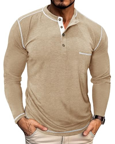 PRIVIMIX T Shirt Manche Longue Homme Tee Shirt Col Rond Henley T-Shirts en Boutonné Beige XL