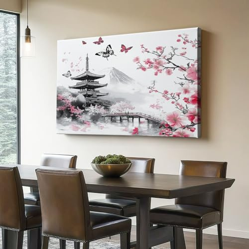 Genérico Cuadro sobre Lienzo Japonés Arquitectura Flores de Cerezo Monte Fuji, 70L x 50an cm para sala de estar y dormitorio, impresión artística, lienzo de pared, sin marco Vistoso