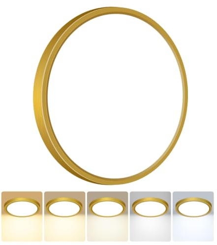 Peasur Deckenlampe LED Deckenleuchte Flach,5Farben-3000/3500/4000/5000/6500K,Wasserfest Badezimmer Lampe Decke,18W Modern Rund Lampe für bad flur schlafzimmer Wohnzimmer,30 * 1.6cm Golden