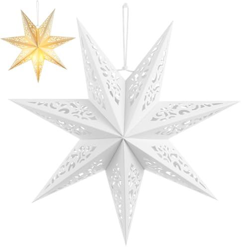 Gatuida Star Shaped Paper Lampshade 45cm White Hollow Out Decorative Light Cover Folding Lantern Window Hanging Decor for Bedroom Living Room Christmas Party Festival Wedding Ceiling 17.7x17.7in