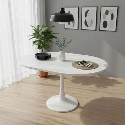 Solisburne utdragbart matbord, runt bord för 4–6 personer, matbord, fällbart köksbord, vardagsrumsbord, fritidsbord, enkel stil, vit, 100/140 × 100 × 75 cm