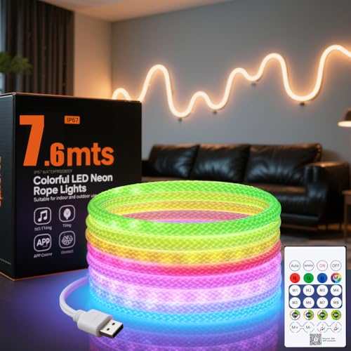 Cofiveevo 25ft LED Rope Lights 360 Degree Illumination, 5V USB Portable neon Light Strip,Neon Lights Suitable for Parties, Halloween, terraces, Christmas Camping Decoration, DIY