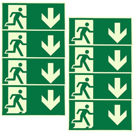8 Stück Notausgangsschild, 300X150mm PVC Notausgang Schild Fluchtwegschilder Nachleuchtend, Selbstklebend Schild Notausgang mit Pfeilen nach Unten für Hotels, Schulen, Kinos