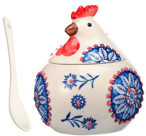 Bpyhebe Hand-Painted Ceramic Rooster Salt Cellar, 400ml Novelty Floral Cookie Jar Condiment Pot with Lid and Spoon, Rustic Farmhouse Kitchen Table Decor Sugar Bowl Storage Container, 11x13.5cm