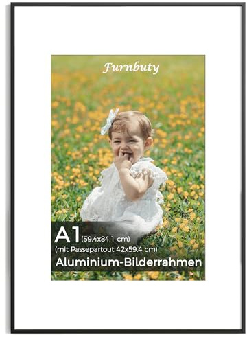 Bilderrahmen DIN A1, Schmaler Aluminiumrahmen, zur Wandmontage, Schwarz | HD-Acrylglas, Bilderrahmen A1 ohne Passepartout / A2 mit Passepartout, Fotorahmen für Fotos, Kunstdrucke, Poster, Wohndeko
