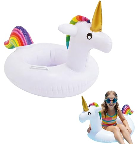 FuYelng Weißer Einhorn Schwimmring mit Handlauf, 60 x 30 x 35 cm Schwimmring Kinder 3-6 Jahre Schwimmtiere für Den Pool Einhorn Aufblasbar, für Strandparty Poolparty Sommer Wasserspielzeug