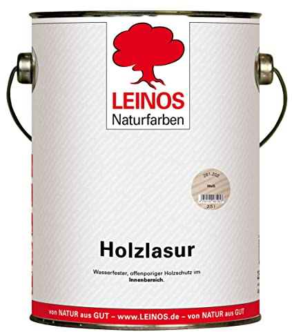 LEINOS 261 Holzlasur für Innen 202 Weiß – natürliche, atmungsaktive Lasur auf Wasserbasis für Möbel, Decken und Holzflächen im Innenbereich, offenporig, lösemittelfrei, geruchsarm, 2,5 Liter