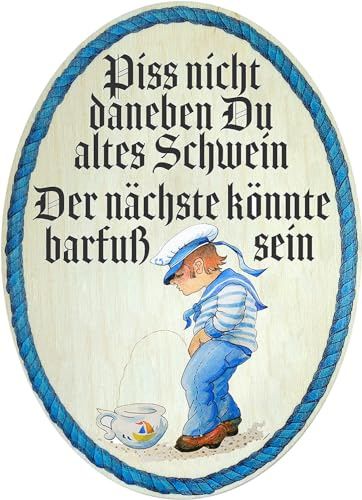 Kaltner Präsente Geschenkidee - Holz Geschenkartikel Deko Türschild im Antik Design Dekoartikel Motiv WC Toilette Piss nicht daneben (Ø 18 cm)