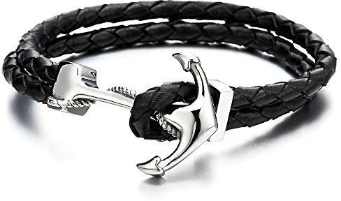 COOLSTEELANDBEYOND Stainless Steel Mens Women Marine Anchor Bangle Bracelet Genuine Black Braided Leather Wristband