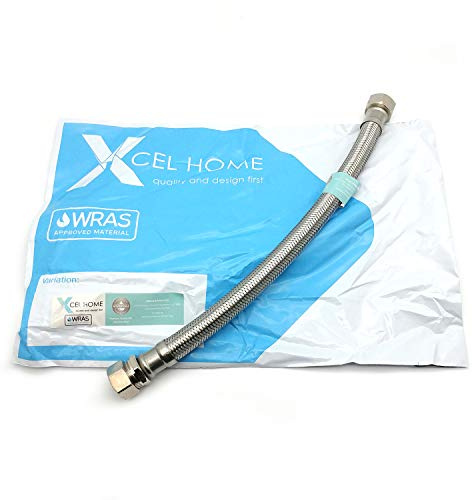 Xcel Home 1x 15mm Compression x 1/2 BSP (300mm) Connector | WRAS Approved | Braided Stainless Steel Flexible Flexi Pipe Tails for Monobloc Mixer Kitchen Sink & Bathroom Basin Taps | 1x 300mm Long Pipes