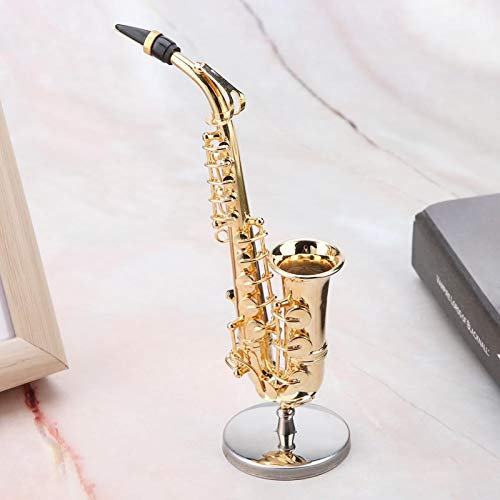 Oumefar Miniatur Altsaxophon Modell Miniatur Saxophon Modell mit Ständer und Gehäuse Vergoldetes Instrument Modell Ornamente Desktop Musikinstrument