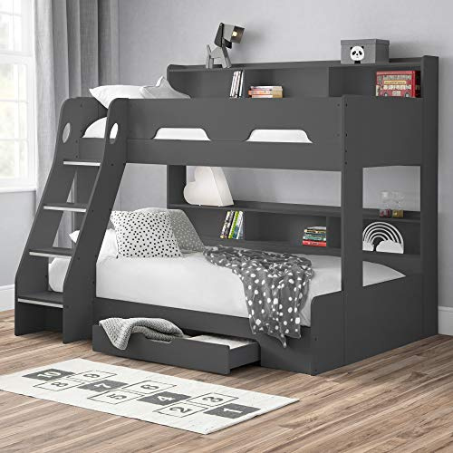 happybeds Wooden Bunk Bed, Orion Anthracite Triple Sleeper 3ft Single Top, 4ft Small Double Bottom Storage Drawer Frame Only
