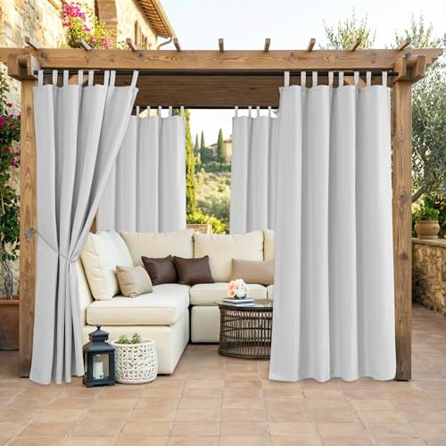 Clothink 2er Set Outdoor Vorhänge Wasserfest Sonnenschutz Winddicht mit Klettband Oben für Terrasse Garten Balkon Familienhaushalte einfache Montage farbecht haltbar(132x245cm, Grau-Weiß)