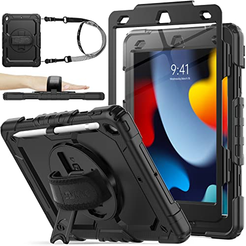 SEYMAC stock Coque pour iPad 9eme/8eme/7eme Generation 10,2'' 2021/2020/2019, Coque Antichoc avec Protecteur D'écran [Béquille/Dragonne Rotative à 360 Degrés] & Porte-Crayon (Noir)