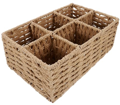 Tomaibaby Six-Grid Storage Box 10 Inch Woven Basket Organizer with Compartments for Kitchen Countertop Desk Bathroom Multi-Use Divided Storage Solution