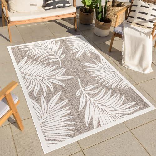carpet city Teppich Outdoor Wetterfest - Beige - 200x290 cm - Palmen-Blätter - Balkon Teppich Wasserabweisend - In-& Outdoor Teppiche für Terrasse, Garten, Küche, Bad oder Wohnzimmer