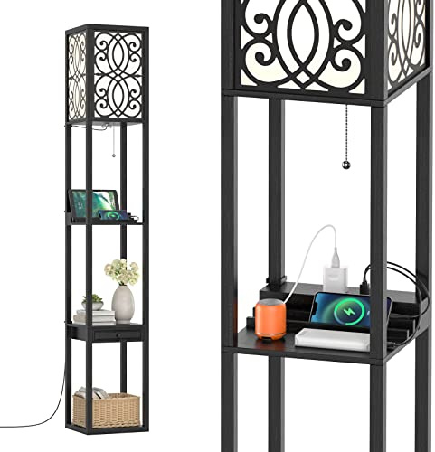 GOPLUS Lámpara de Pie con 3 Estantes Abiertos y Cajón, 2 Puertos USB, E27, Moderna para Salón, Dormitorio, Oficina, Negro, 26x26x160,5cm