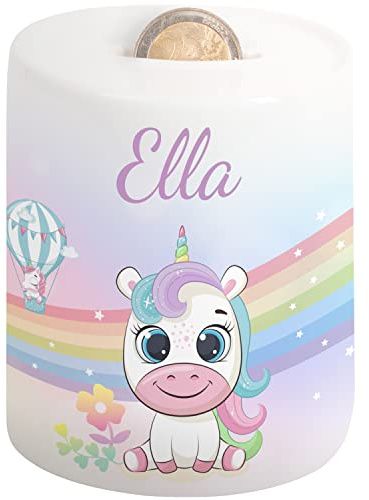 Süße Kinder Spardose mit Namen – Sparschwein für Mädchen & Jungen - Regenbogen-Motiv - personalisiertes Geschenk zur Einschulung, Geburt, Taufe, Geburtstag, Weihnachten - Geldgeschenk (Einhorn)