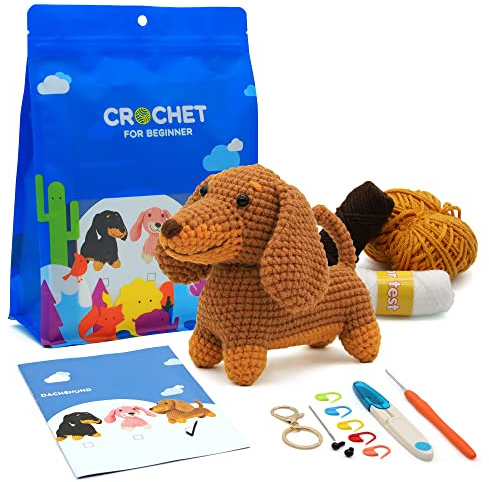 Nikolle Häkelset für Anfänger mit Schritt-für-Schritt-Video-Tutorials, Häkeltier-Set, Häkel-Starter-Sets für Erwachsene und Kinder, Dackel (braun)