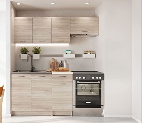 JUANIO Cocina Completa L 180cm 5 Elementos Color Roble Sonoma con encimera incluida Mila