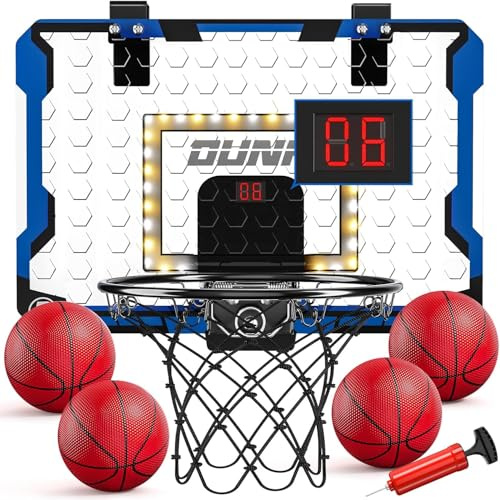 TEMI Canestro da basket per interni, per bambini, con luce a LED, mini canestro da basket con tabellone elettronico e 4 palline, regali da basket per 5 6 7 8 9 10 11 12 anni ragazzi ragazze ragazzi