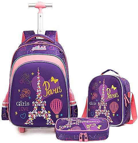 Egchescebo Wasserdichter Rollrucksack für Mädchen Koffer Trolley Rucksäcke mit Rollen, Lila-4, 17, Reiserucksäcke