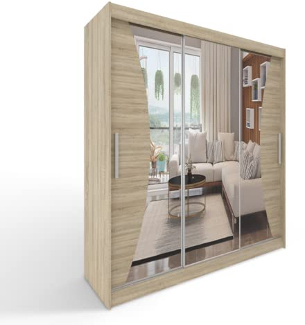 ML Furniture A4 Schiebetüren Kleiderschrank 250 x 215 x 58 cm mit Spiegel - Schlafzimmermöbel, Aufbewahrung - Mehrzweckschrank - Farbe: Sonoma - 3 Schiebetüren
