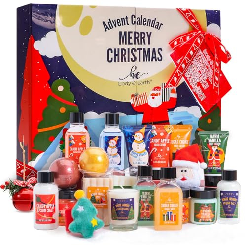 BODY & EARTH Julklappar adventskalender 2025 för kvinnor med 24 SPA-produkter och tillbehör till jul, inklusive handkräm, kroppslotion, duschgel och mycket mer, badset julkalender