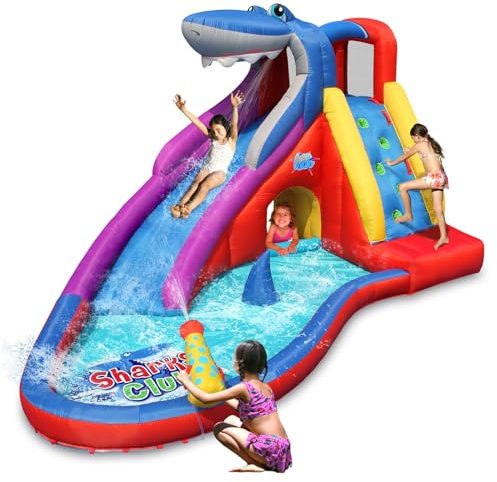 ACTION AIR Inflatable Water Slide, Red Shark Bounce House with Slide for Wet and Dry, Playground Sets for Kids Backyard, Water Spray, Water Pool, Durable Sewn with Extra Thick Material